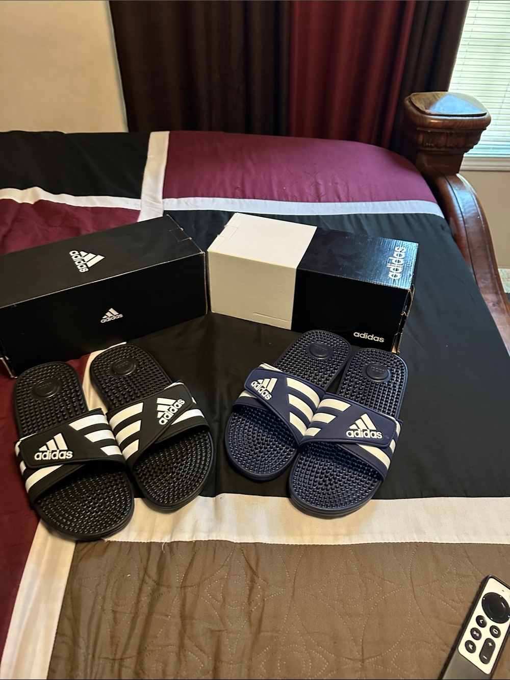 Adidas Slide Sandals in Black & Navy with White Stripes